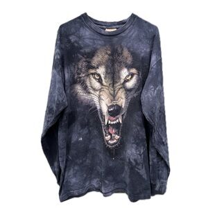 Vintage 90s 1996 The Mountain navy blue tie dye long sleeve wolf shirt